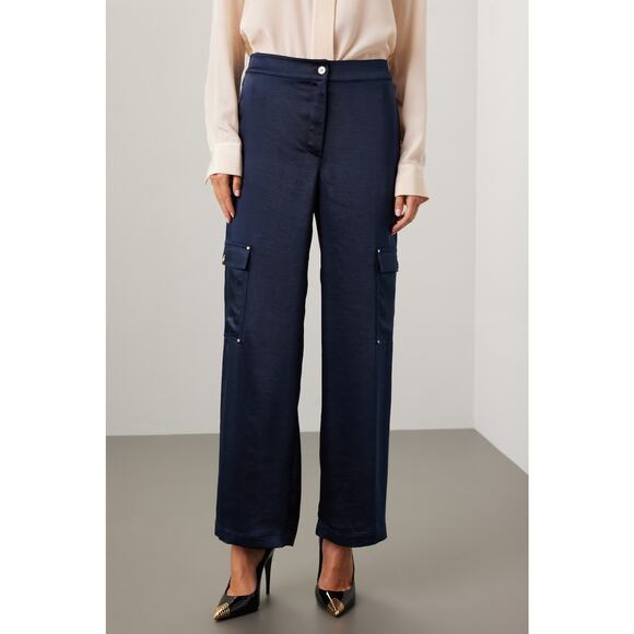 Michael Kors Pants - Michael Kors Sz M Blue Satin Wide Leg High Rise Cargo Pants silky travel walking